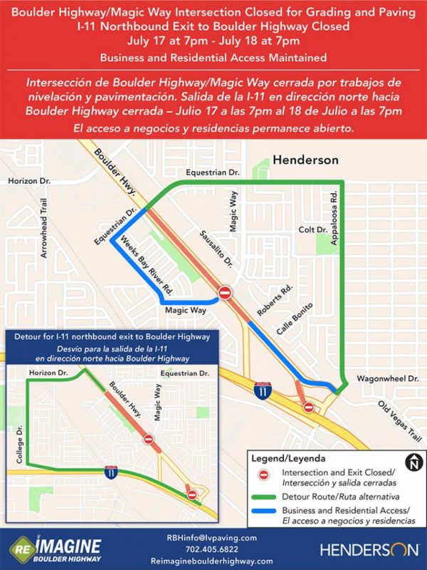 Boulder highway, Magic Way intersection closed for grading and paving. I-11 northbound exit to Boulder highway closed July 17 at 7pm to July 18 at 7pm. Business and residential access maintained.