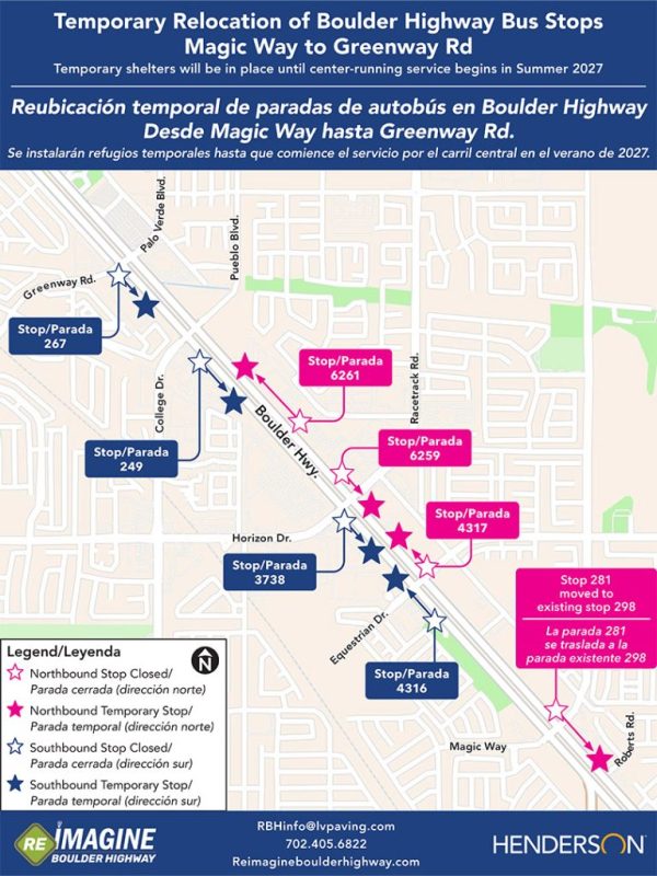 Temporary relocation of Boulder highway bus stops Magic way to Greenway road. Temporary shelters will be in place until center running service begins in Summer 2027.
