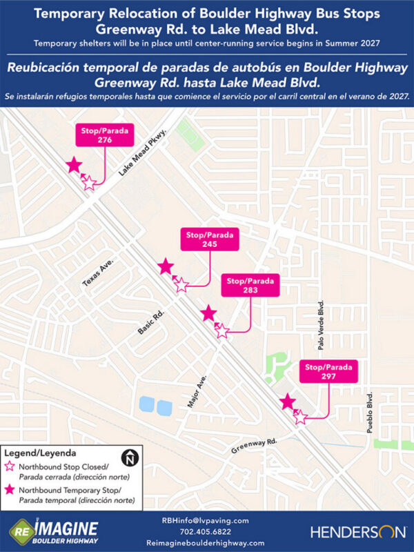 Temporary relocation of Boulder highway bus stops, Greenway road to Lake Mead boulevard. Temporary shelters will be in place until center-running service begins in Summer 2027.